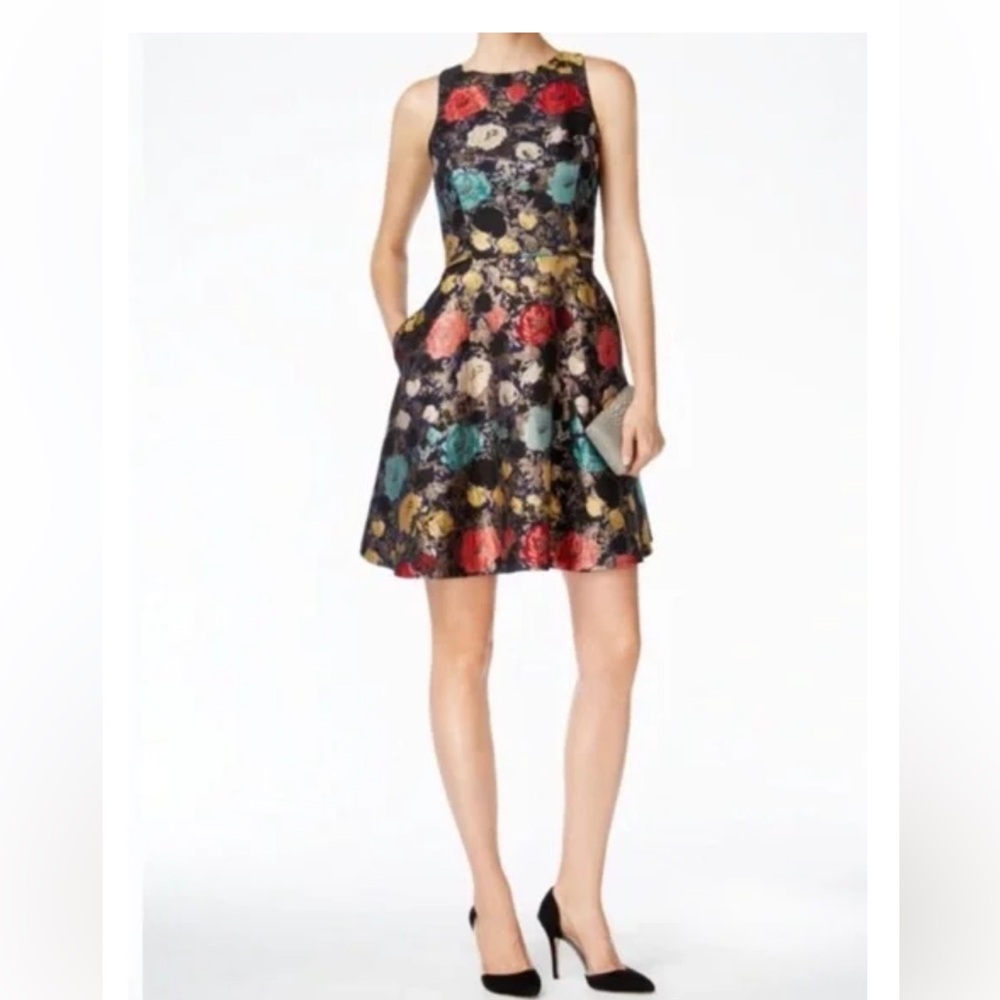 TAHARI Navy Floral Fit-and-Flare Jacquard Metallic Sleeveless Party Dress 4